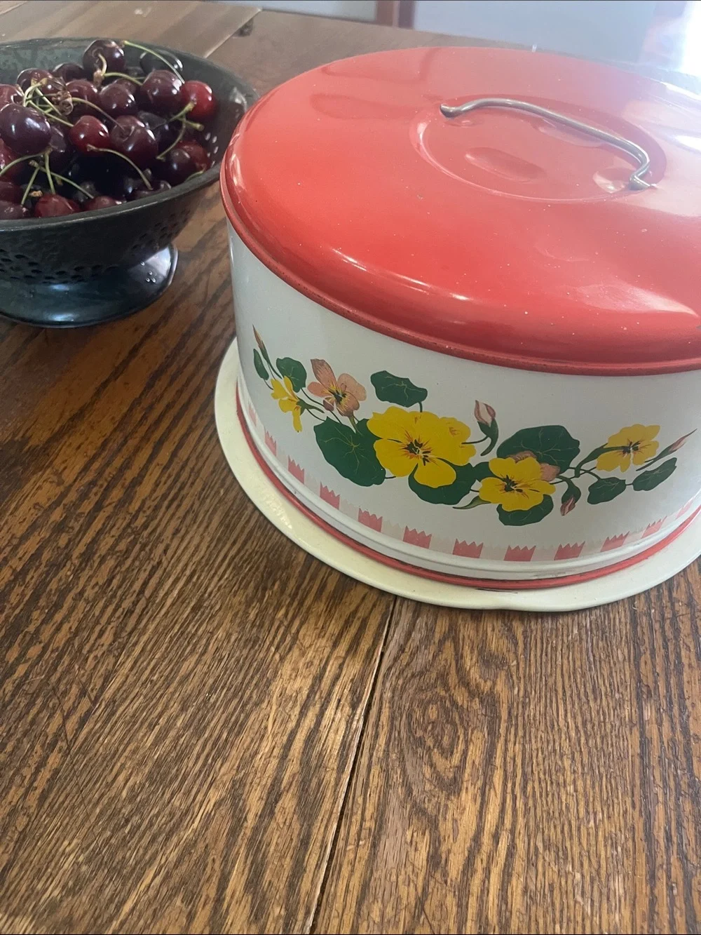 Vintage Red Floral Cake Tin with Yellow Pansy Design
